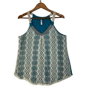 Xhilaration Lace Accent Bohemian‎ Boho Tank Top Flowy Womens LARGE Blue Cream